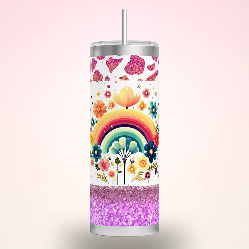 Rainbow Glitter Floral Tumbler Wrap: 20oz Skinny Sublimation Design, product render