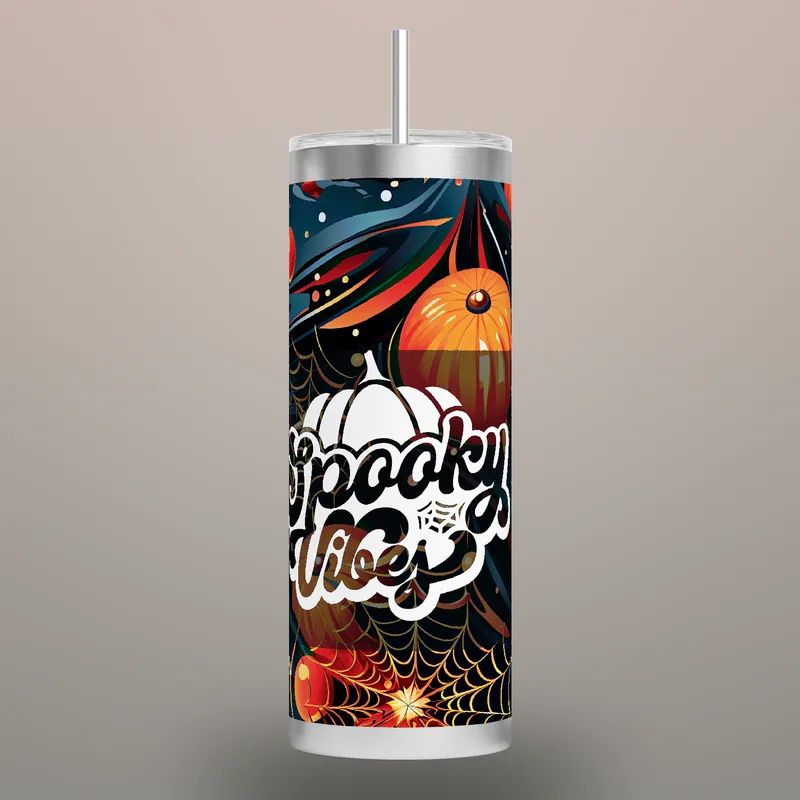 Spooky Vibes Halloween Tumbler Design: 20 oz Skinny Tumbler Wrap, product render