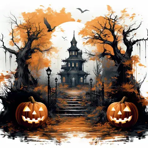 Halloween Tumbler Wrap: Spooky Haunted House & Jack-o'-Lanterns (20oz Seamless Design), the flat seamless artwork